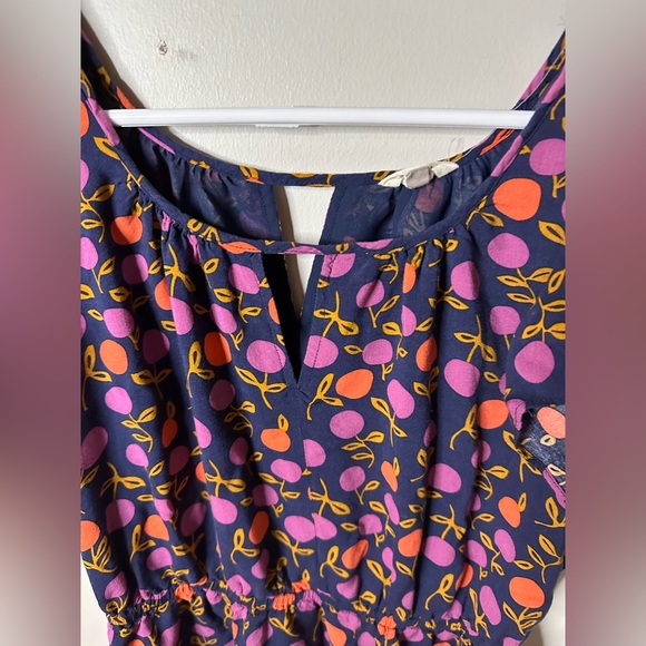 Fossil Dress Small Navy Ruffle Sleeve Orange Purple Plums Flowers Minidres Rayon - Picture 3 of 9